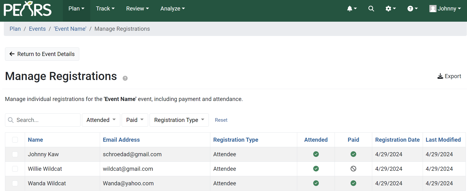 Manage Registrations PEARS Support Documentation