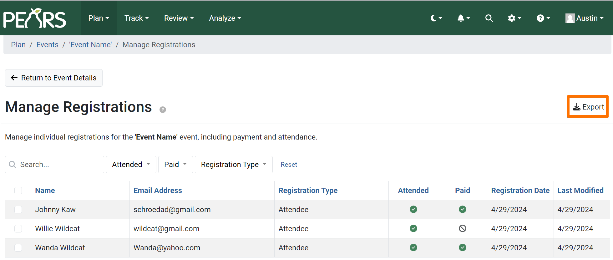 Manage Registrations PEARS Support Documentation