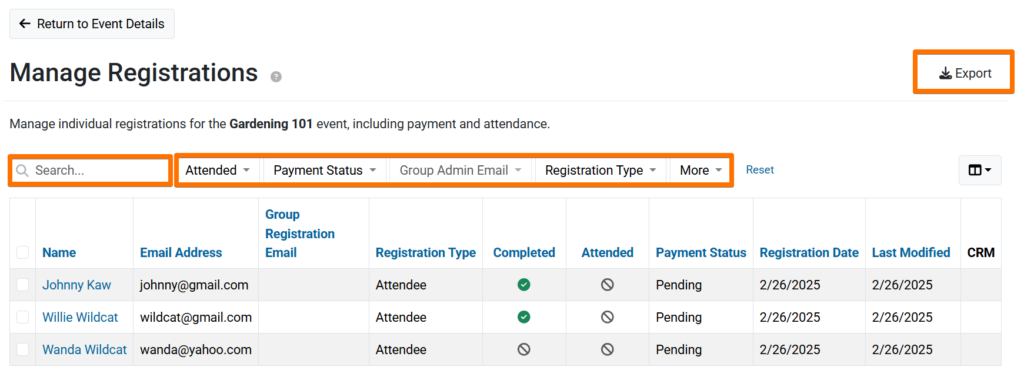 Search, Filter, or Export Registrant Details