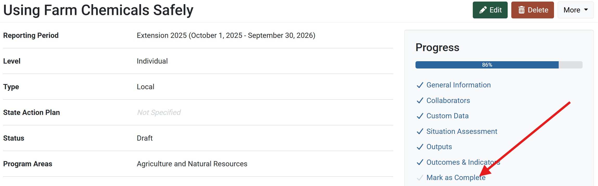 Action Plan Mark as Complete Link