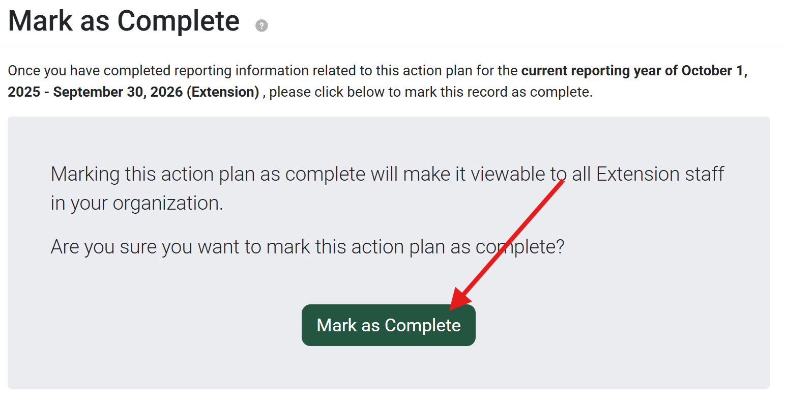 Action Plan Mark as Complete Page