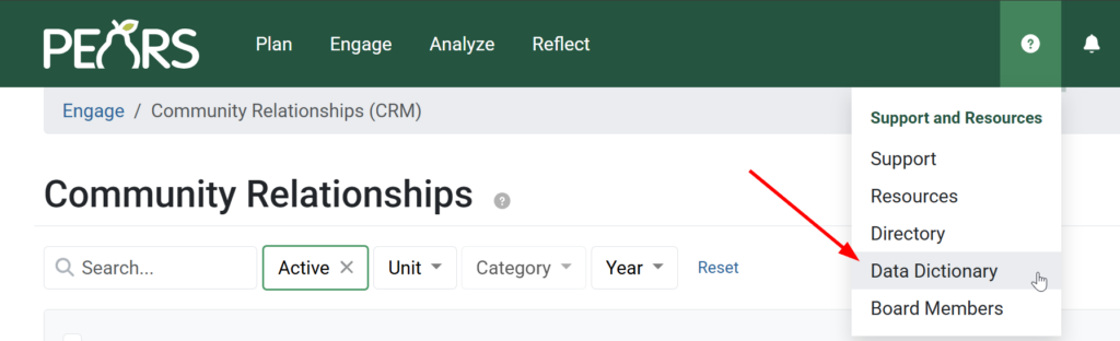 Screenshot showing a mouse hovering over the Data Dictionary option of the Support and Resources menu.